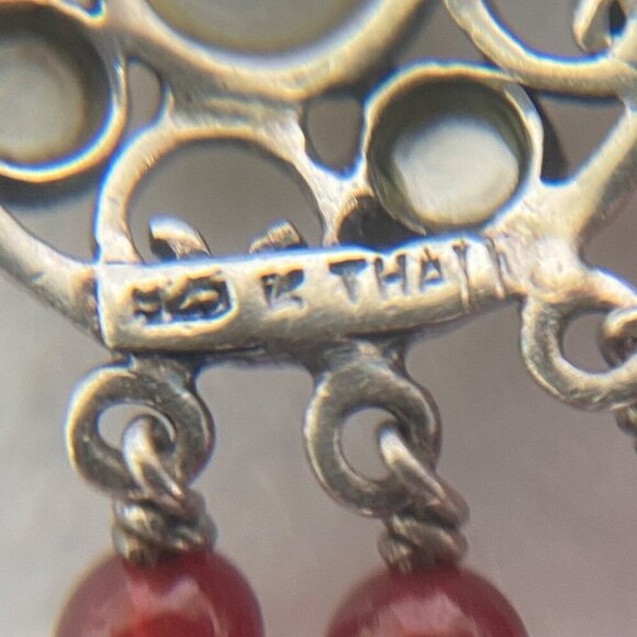 Sterling Silver 925 White Mother Of Pearl Red Beaded Chandelier Dangle Earrings - Picture 9 of 16